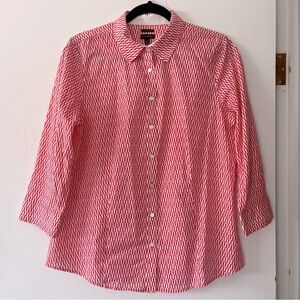 Talbots Shirt Women’s 12 Red‎ White Button Down Cotton Blend Blouse Geometric